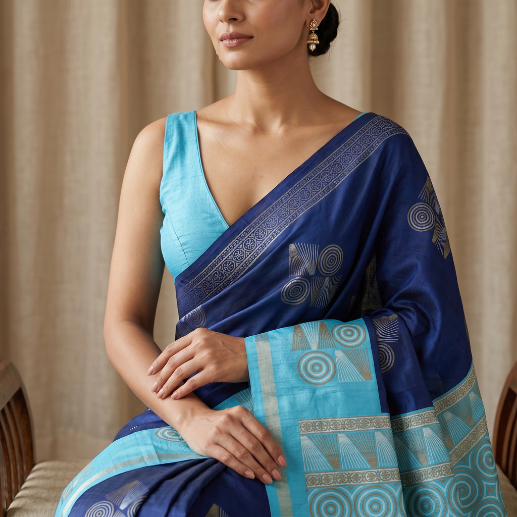 Cotton Silk Saree | Navy Blue and Sky Blue with Gold Print | Festive and Temple Wear