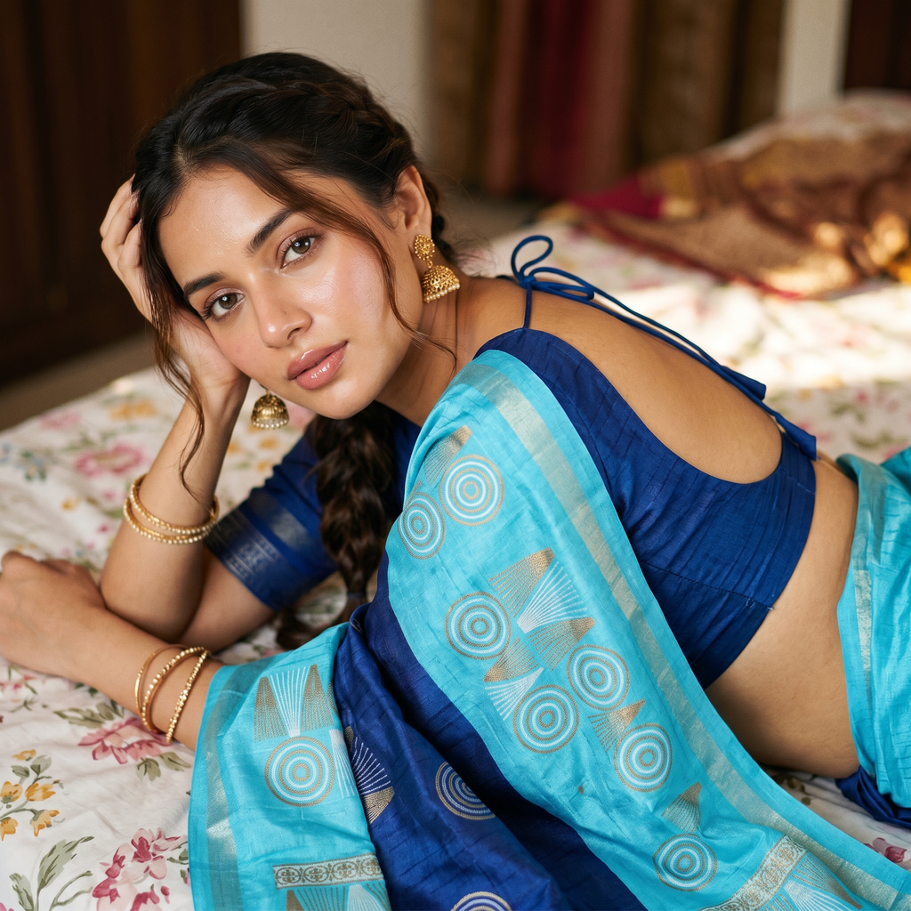 Cotton Silk Saree | Navy Blue and Sky Blue with Gold Print | Festive and Temple Wear