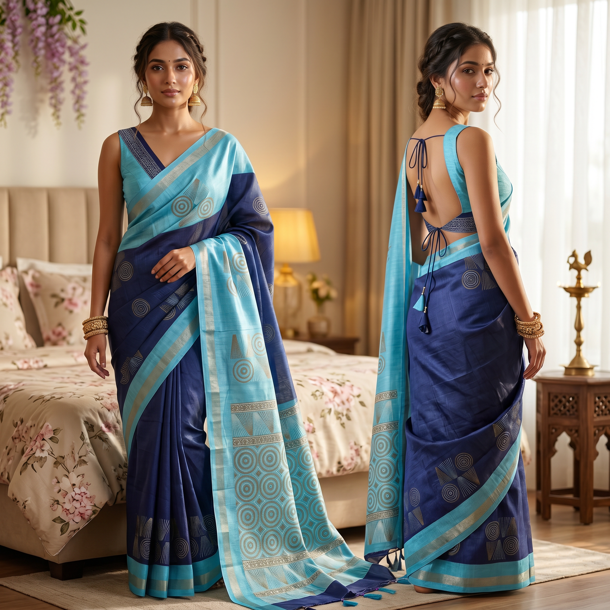Cotton Silk Saree | Navy Blue and Sky Blue with Gold Print | Festive and Temple Wear