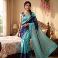Cotton Silk Saree | Navy Blue and Sky Blue with Gold Print | Festive and Temple Wear