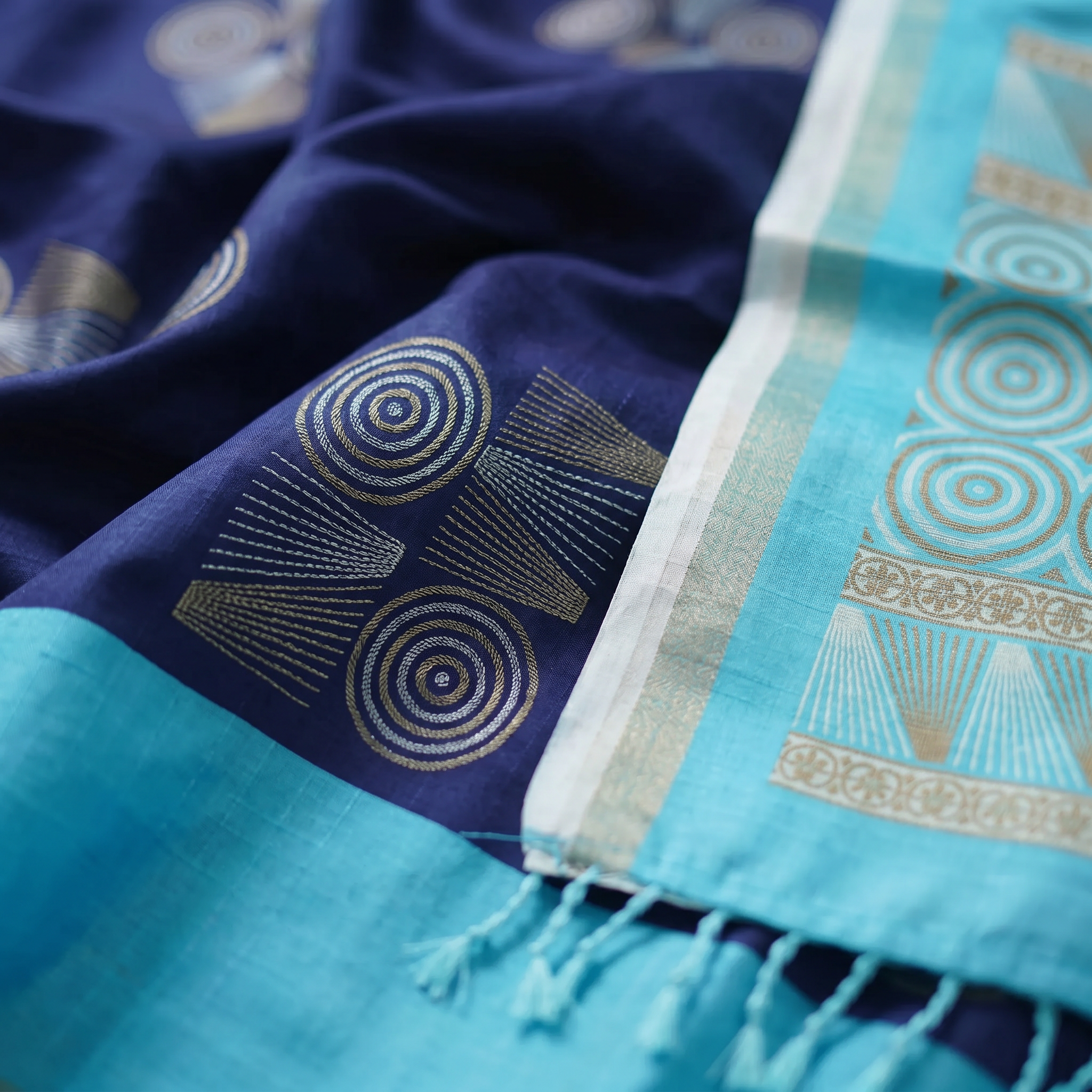 Cotton Silk Saree | Navy Blue and Sky Blue with Gold Print | Festive and Temple Wear