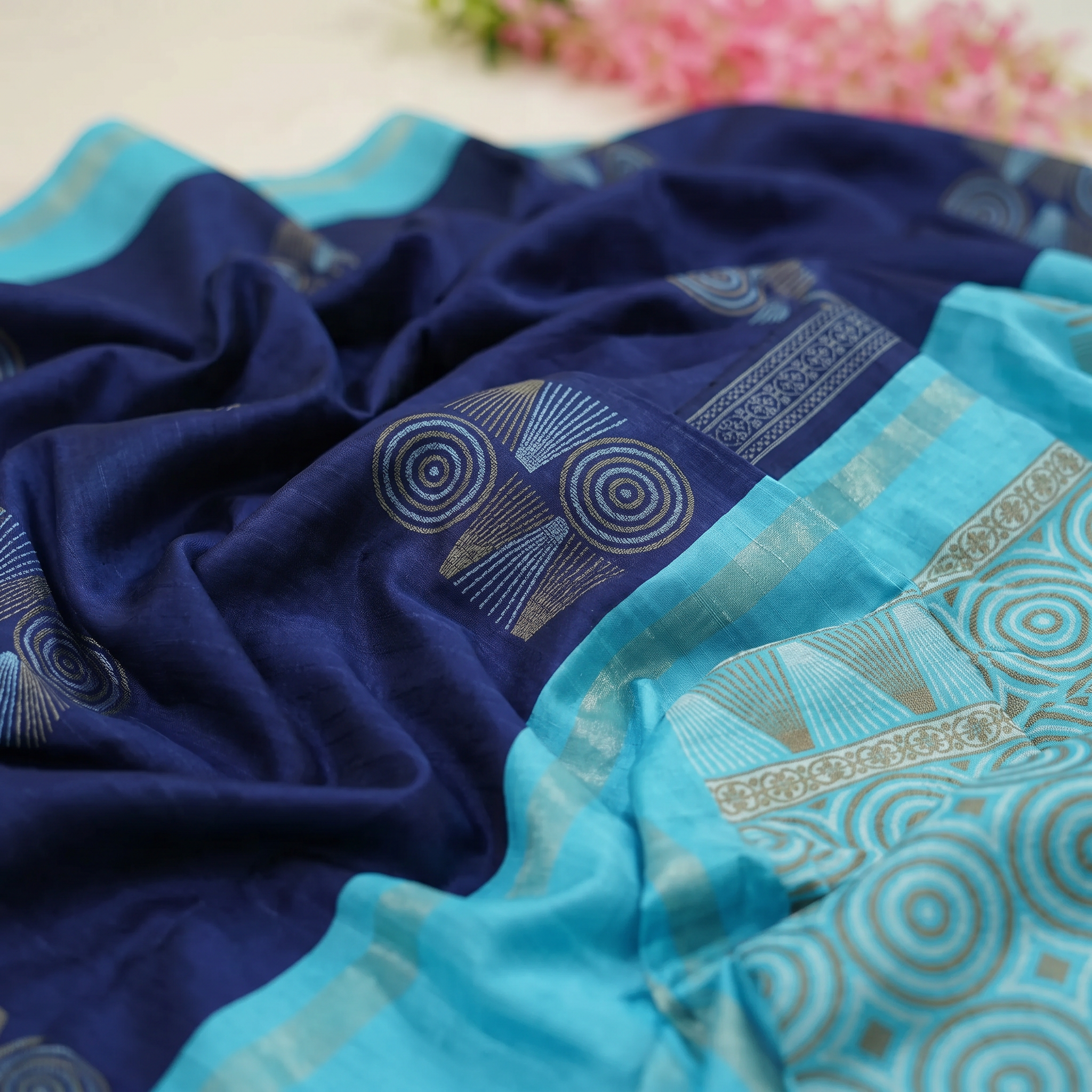 Cotton Silk Saree | Navy Blue and Sky Blue with Gold Print | Festive and Temple Wear