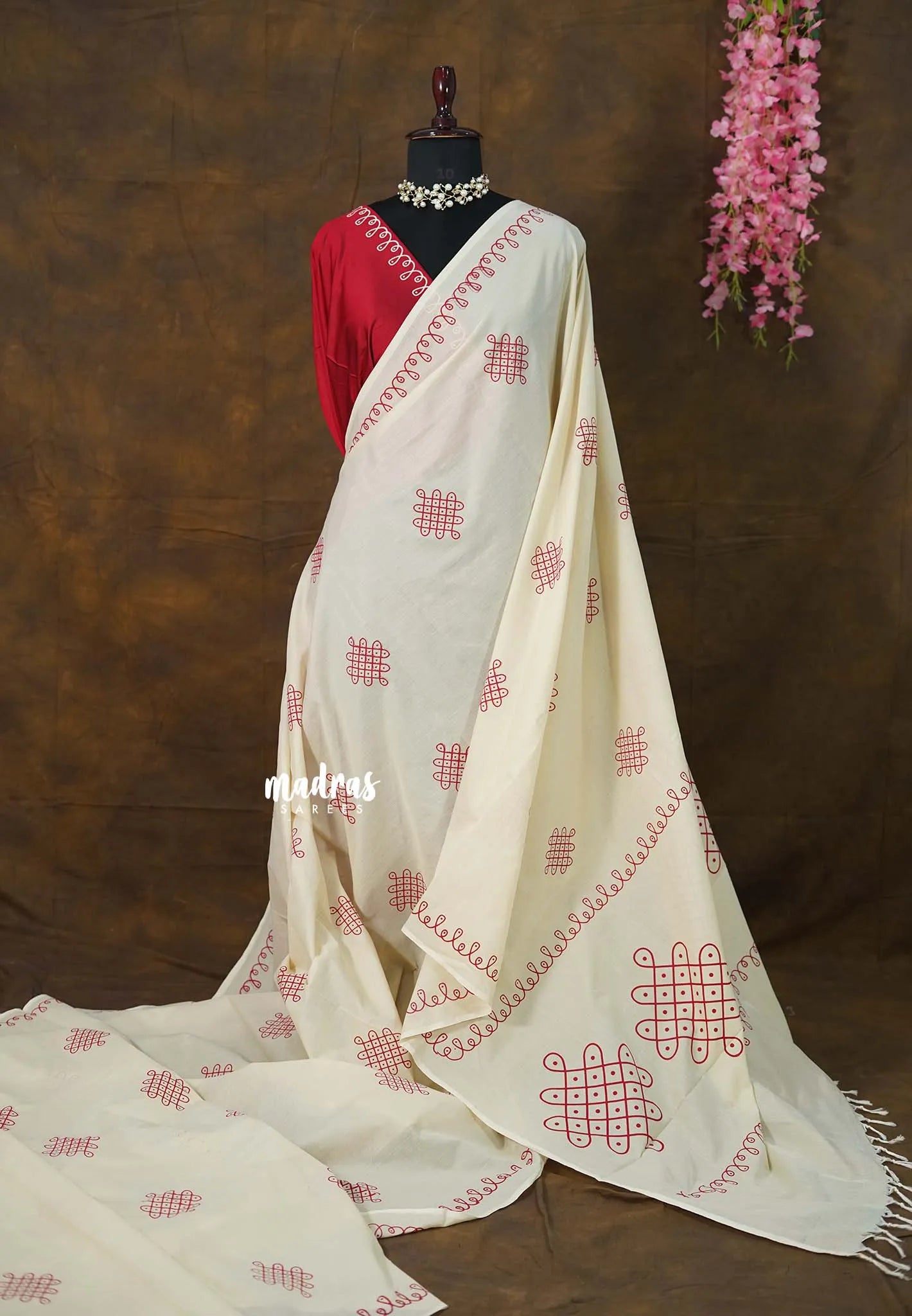 Off White Handloom Cotton Saree with Red Woven Motifs