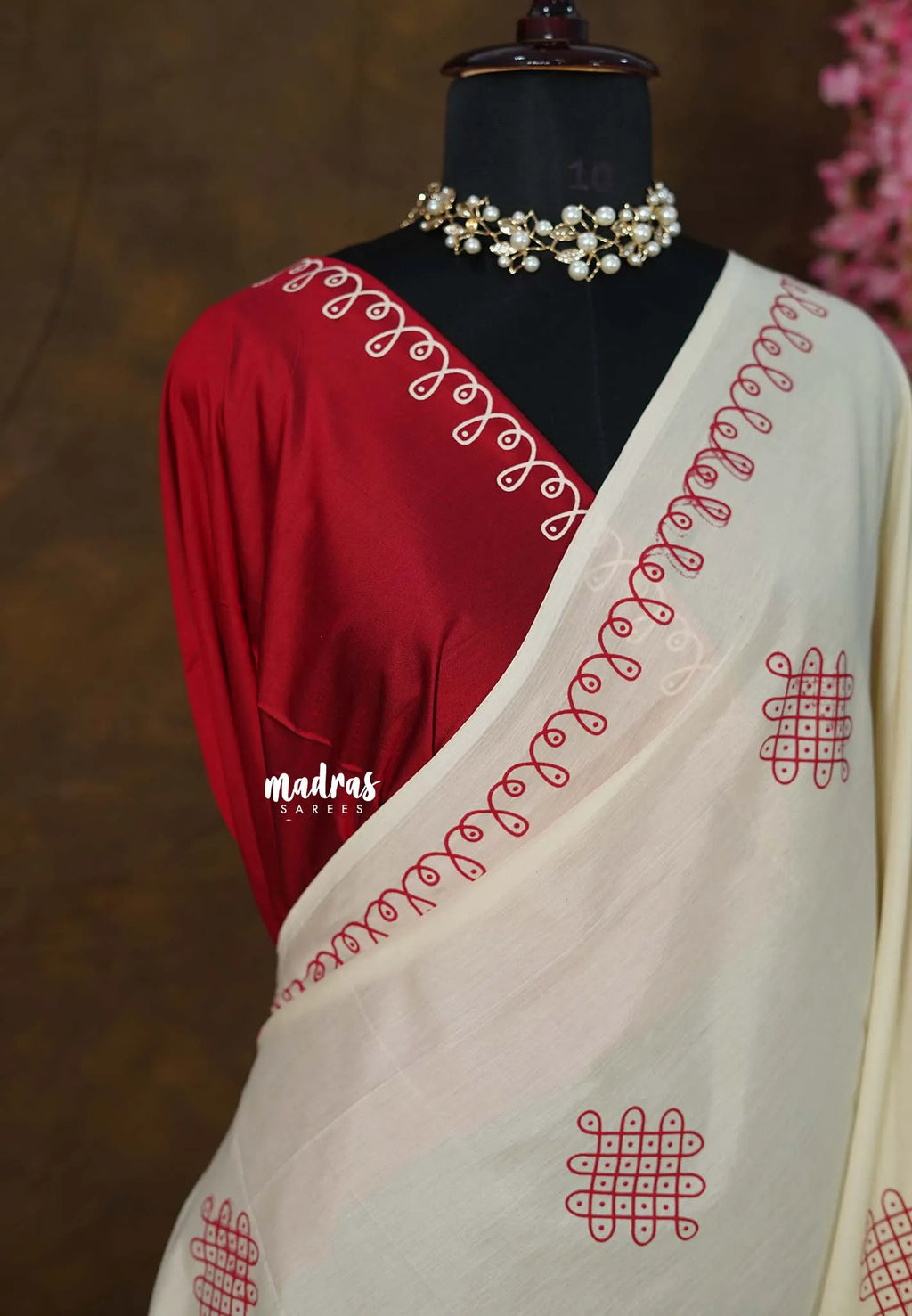 Off White Handloom Cotton Saree with Red Woven Motifs