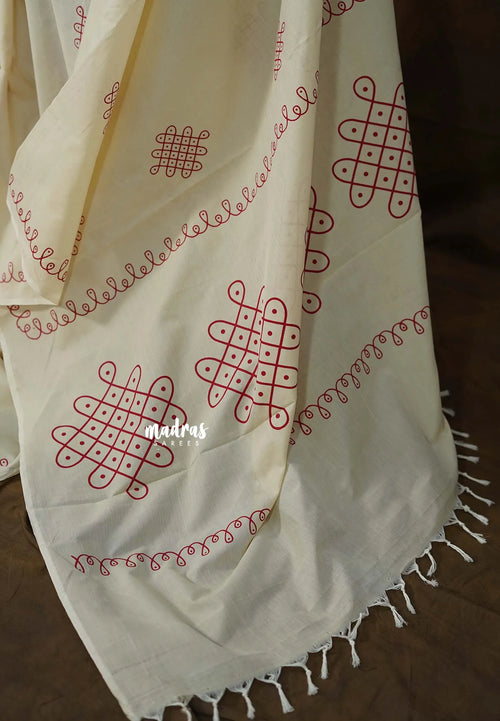 Off White Handloom Cotton Saree with Red Woven Motifs