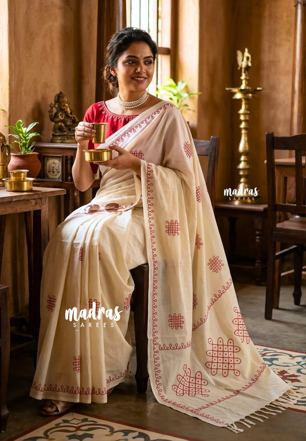 Off White Handloom Cotton Saree with Red Woven Motifs